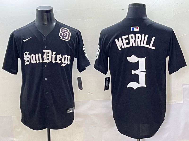 Men 2025 San Diego Padres #3 Merrill Black Five generations Joint Name Nike MLB Jersey style 13